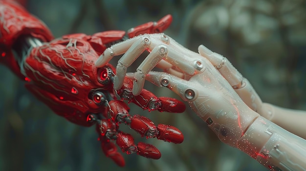 Des mains robotiques futuristes se touchent doucement en rouge et blanc