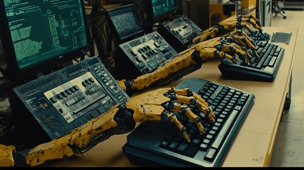 Des mains robotiques tapant sur un clavier d'ordinateur avec un code à l'écran