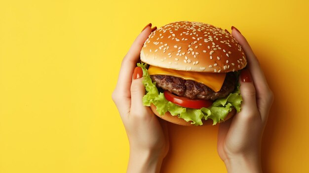 Des mains saisissant un cheeseburger sur un fond jaune AI générative