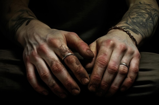 Les mains sales d'un homme ornées de tatouages sont à plat, présentant le voyage d'une vie à l'encre capturant l'essence de la main d'un criminel