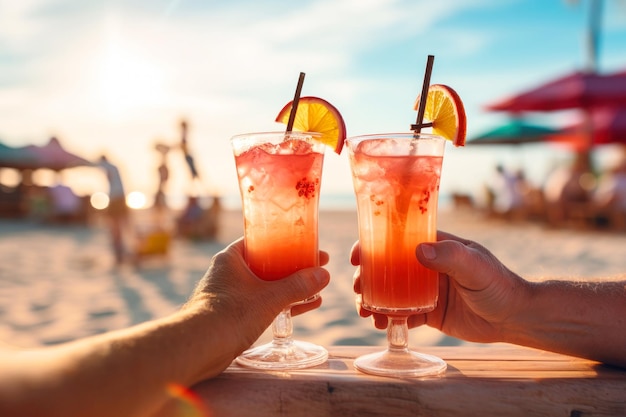 Mains de seniors avec cocktails sur la plage au bord de la mer Retraite