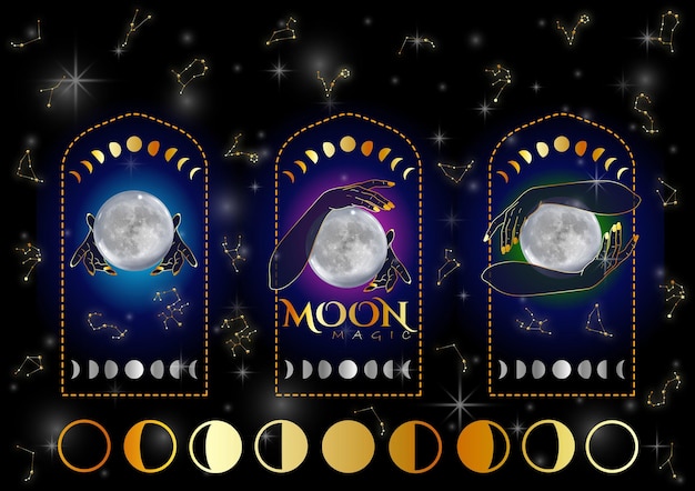 Des mains de sorcière faisant des tours de magie avec la pleine lune
