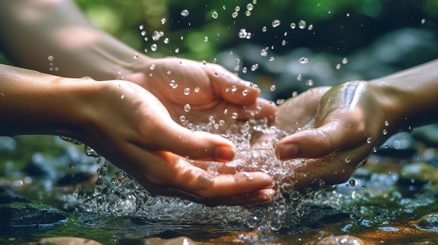 Mains sous l'eau avec le mot eau sur le fond