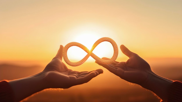 Mains avec le symbole de l'infini doré sur fond de coucher de soleil généré par l'IA