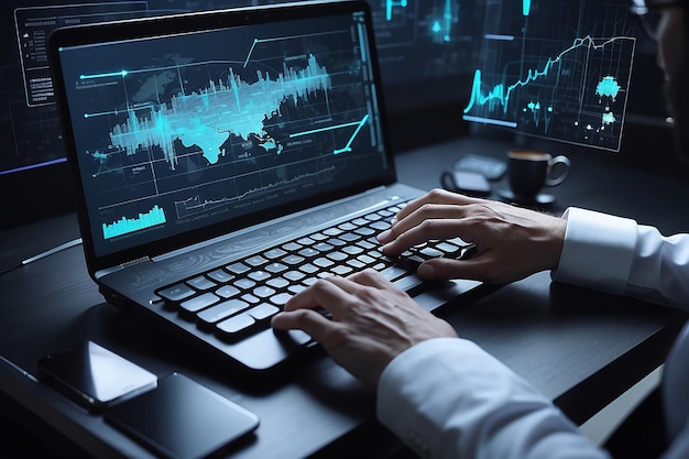 Des mains tapant sur le clavier pour créer un logiciel innovant pour changer le monde et fournir un service complètement nouveau close-up hologramme tech graphiques concept de l'équipe de développement port formel