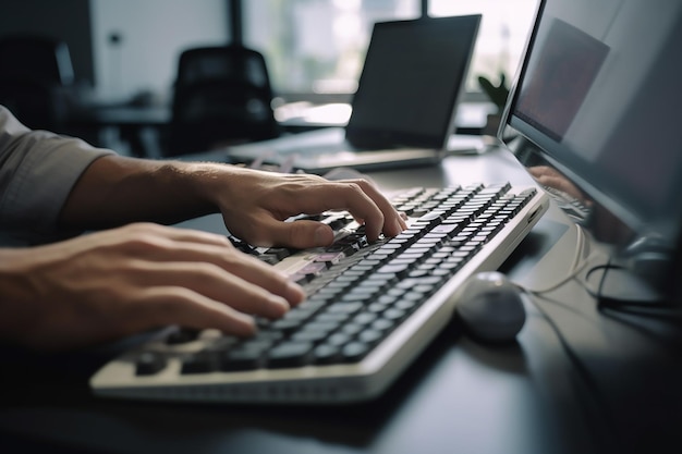 Mains tapant sur le clavier Productivité au bureau Tâches professionnelles Travail de bureau à distance Main-d'œuvre numérique