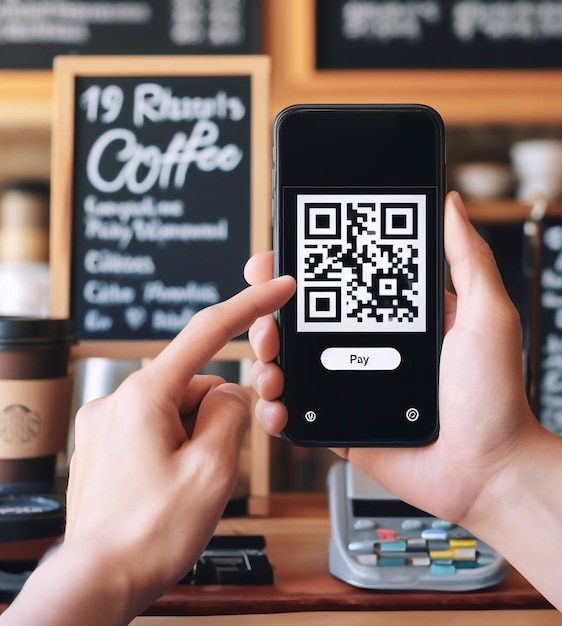 Photo des mains et un téléphone en gros plan scannant un code qr sur un téléphone portable payant dans un magasin illustration générative ai