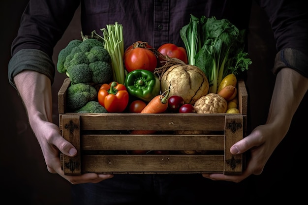 Mains tenant une boîte en bois avec des légumes