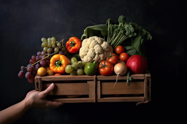 Mains tenant une boîte en bois avec des légumes