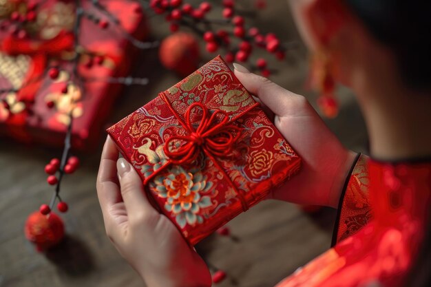 Des mains tenant une boîte cadeau rouge pour la célébration du Nouvel An chinois