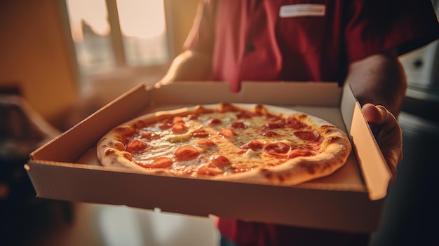 Mains tenant une boîte à pizza La pizza est prête à être livrée AI générative