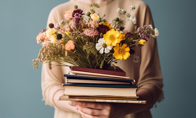 Des mains tenant un bouquet de fleurs avec une pile de livres