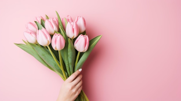 Mains tenant un bouquet de tulipes roses sur fond rose carte de voeux journée de la femme générative ai