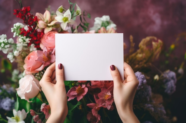 Photo des mains tenant une carte blanche avec des fleurs en arrière-plan