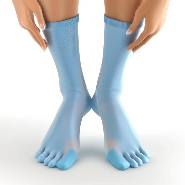 Des mains tenant des chaussettes bleues