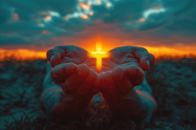Mains tenant un crucifix un croyant priant avec ses bras croisés Jésus-Christ lumière divine du ciel