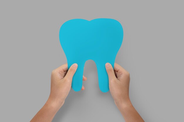 Mains tenant une dent bleue isolée Concept de soin et de protection des dents