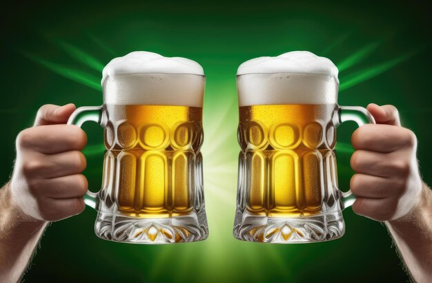 Des mains tenant deux tasses de bière et cliquant sur un fond vert carte de vœux du jour de Saint-Patrick