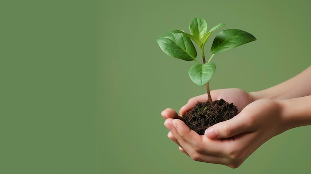 Des mains tenant doucement une jeune plante avec du sol sur un fond vert