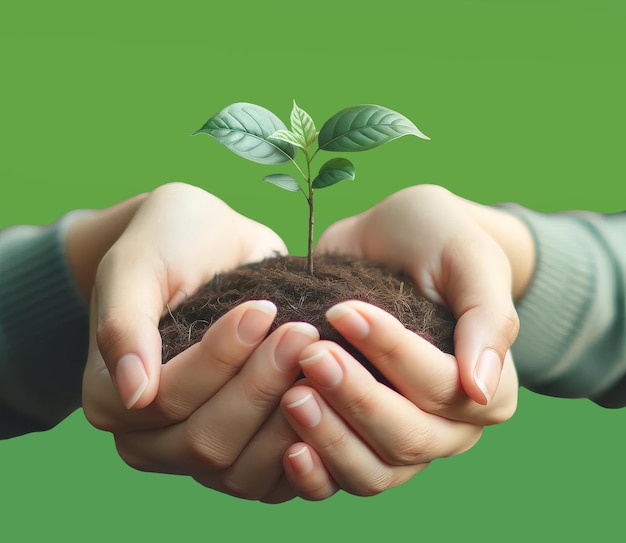 Photo des mains tenant doucement une jeune plante verte dans le sol baigné par la chaude lumière du soleil