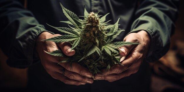 Mains tenant des feuilles de marijuana montrant la beauté naturelle de cette plante et sa signification culturelle AI Generative AI