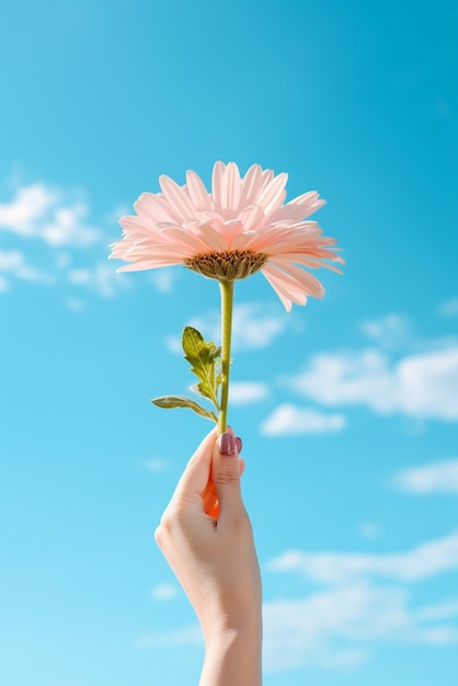 Des mains tenant une fleur isolée sur le fond du ciel