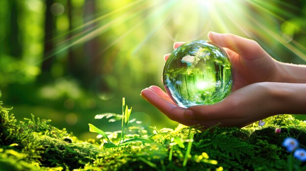 Des mains tenant un globe de cristal dans une forêt