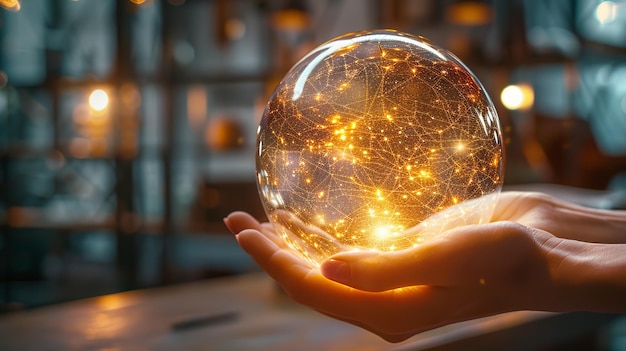 Des mains tenant un globe lumineux avec des modèles de réseau connectés contre un fond flou éclairé chaud concept de connectivité mondiale IA générative