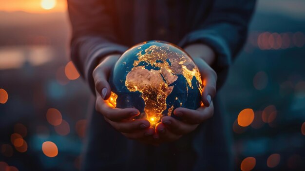 Photo des mains tenant un globe lumineux symbolisant l'attention et la connexion mondiales