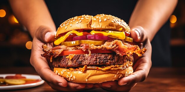 Photo mains tenant un hamburger isolé sur fond jaune