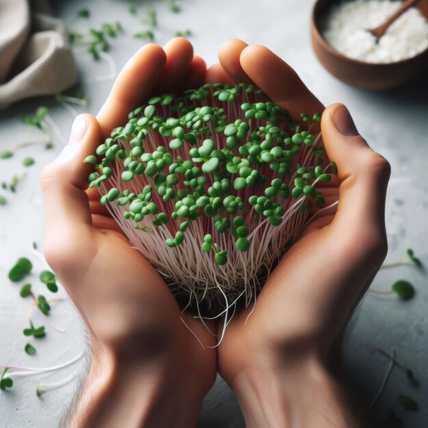 Des mains tenant des microgreens sur une table de cuisine légère récoltant des ingrédients pour une salade