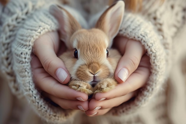 Photo des mains tenant un mignon lapin.