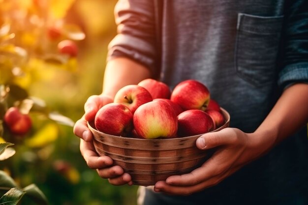 Des mains tenant un panier de pommes.