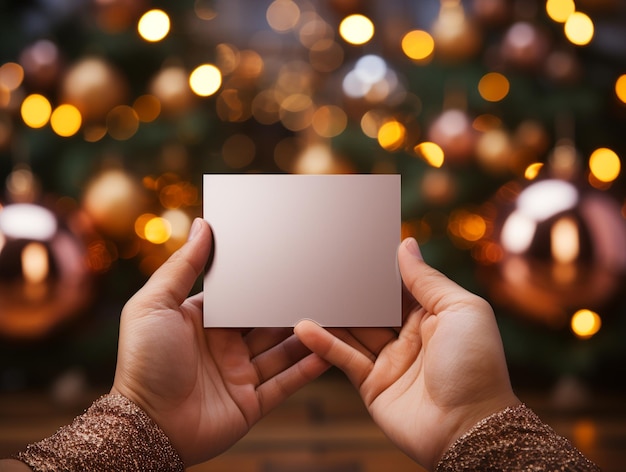 Photo des mains tenant un papier blanc dans un décor de noël