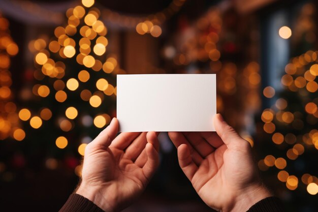 Photo des mains tenant un papier blanc avec des lumières d'arbre de noël brillantes