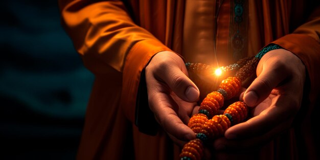 les mains tenant des perles de prière tasbih pendant la supplication et le souvenir de Lailat al Miraj