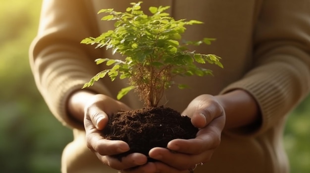 Mains tenant un petit arbre avec le mot arbre dessus