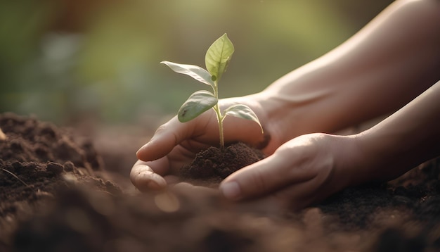 Mains tenant une petite plante dans le sol avec le mot semis dessus