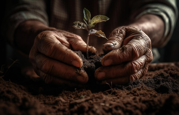 Mains tenant une petite plante avec le mot arbre dessus