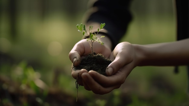 Mains tenant une petite plante avec le mot semis dessus