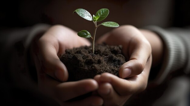 Des mains tenant une petite plante avec le mot semis dessus