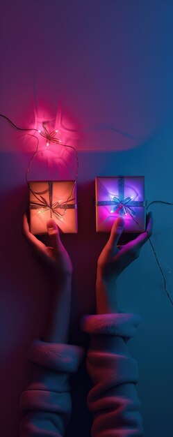 Des mains tenant de petites boîtes de cadeaux éclairées dans un studio de lumière au néon Lumière rose violette et bleue Photographie minimaliste de fond festif générée par l'IA
