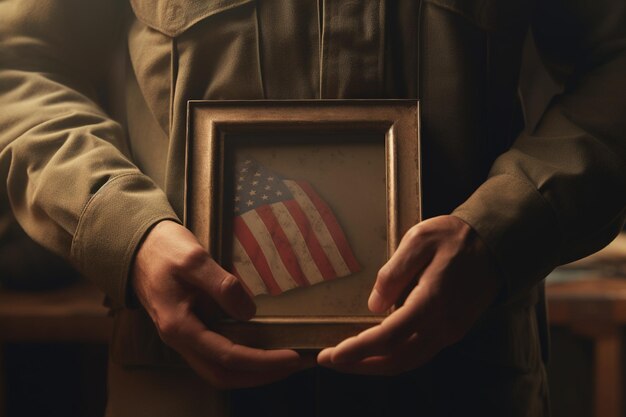 Photo des mains tenant une photo encadrée d'un soldat tombé