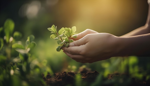 Mains tenant une plante avec le mot semis dessus