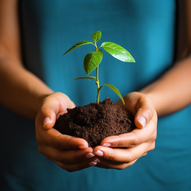 Des mains tenant la plante et le sol