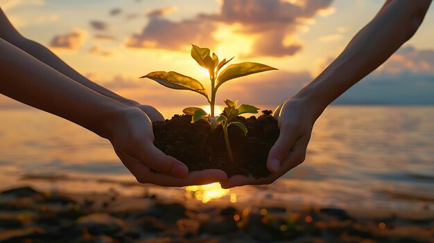 mains tenant une plante avec le soleil derrière elles