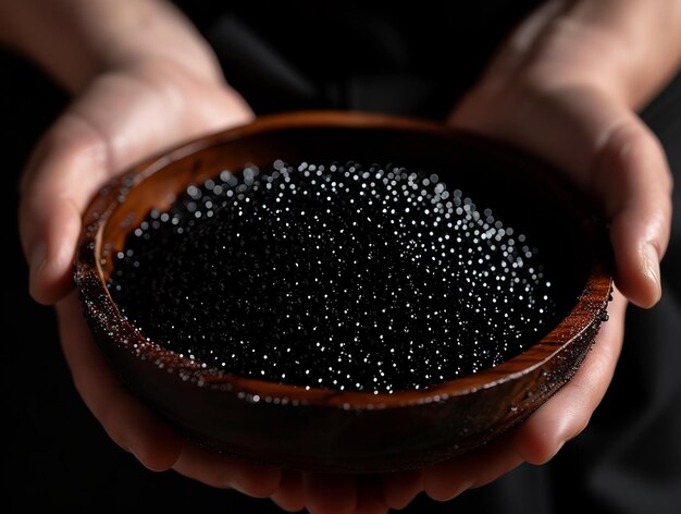 Photo des mains tenant un plat de caviar noir