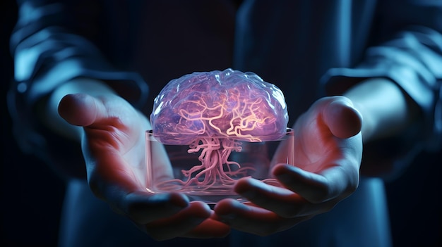 Des mains tenant une représentation virtuelle du cerveau