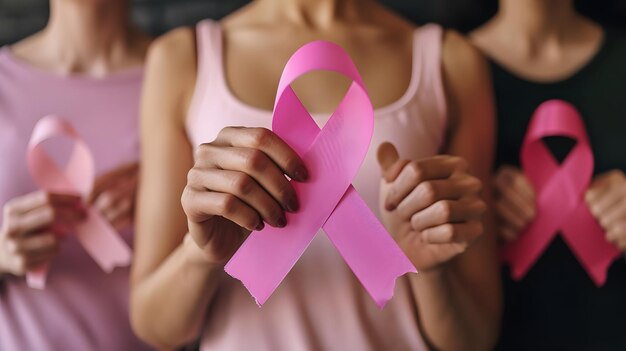 Photo des mains tenant des rubans roses pour un gros plan de sensibilisation au cancer du sein