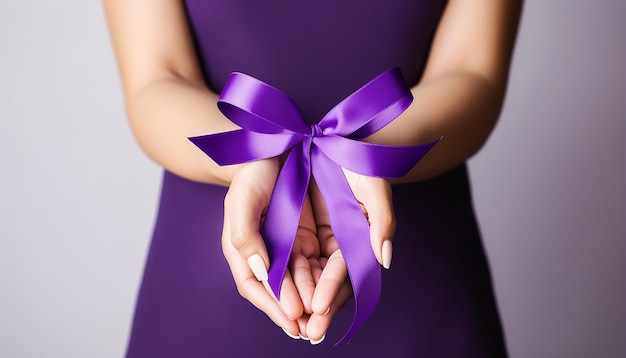 Des mains tenant des rubans violets Maladie d'Alzheimer Cancer du pancréas